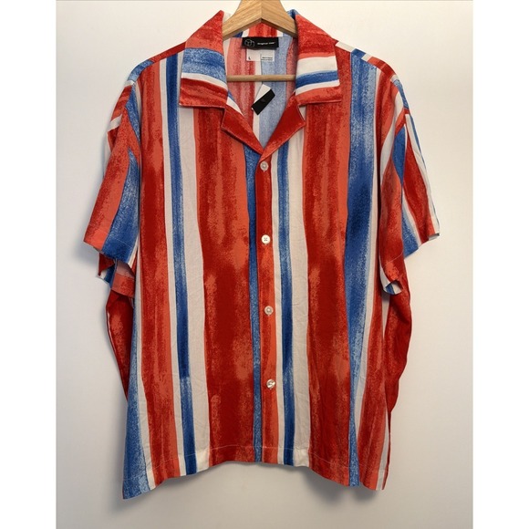 Original Use Other - New Original Use Mens 100% Rayon Striped Button Down Shirt Size L Red White Blue